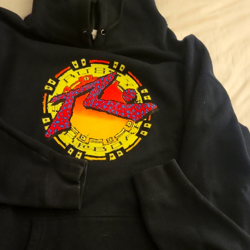 Rusty Black Hoodie with Vibrant Graphic